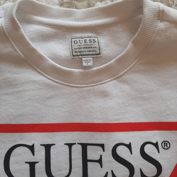 GUESS White Cotton Crewneck Long Sleeve Sweater - Size Large | Casual, Cozy - Picture 4 of 13